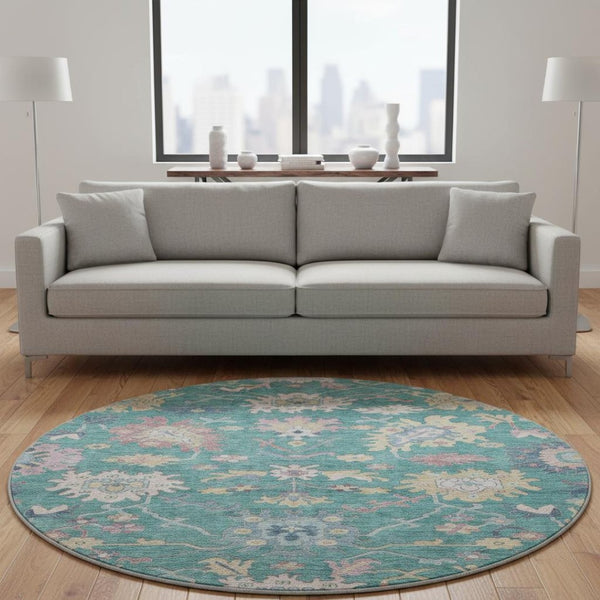 HomeRoots 8' Teal Beige Pink Floral Washable Round Rug - Durable, UV-Protected, Ideal for Families & Pets 686984