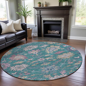 HomeRoots 8' Teal Beige Pink Floral Washable Round Rug - Durable, UV-Protected, Ideal for Families & Pets 686984