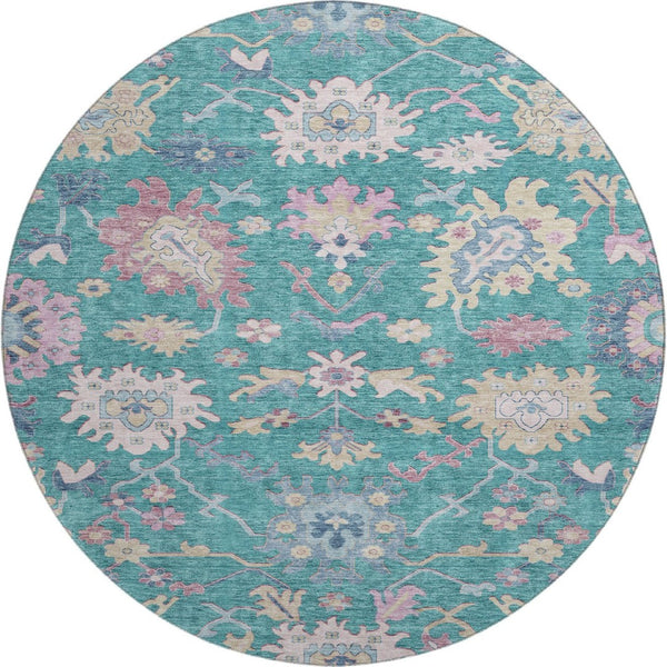 HomeRoots 8' Teal Beige Pink Floral Washable Round Rug - Durable, UV-Protected, Ideal for Families & Pets 686984