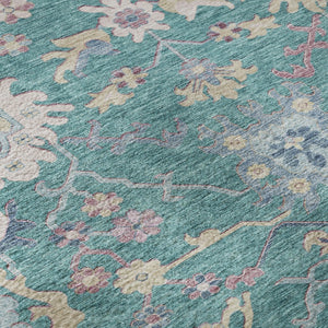 HomeRoots 8' Teal Beige Pink Floral Washable Round Rug - Durable, UV-Protected, Ideal for Families & Pets 686984
