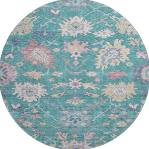 HomeRoots 8' Teal Beige Pink Floral Washable Round Rug - Durable, UV-Protected, Ideal for Families & Pets 686984