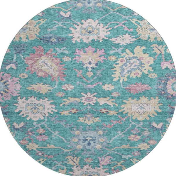 HomeRoots 8' Teal Beige Pink Floral Washable Round Rug - Durable, UV-Protected, Ideal for Families & Pets 686984