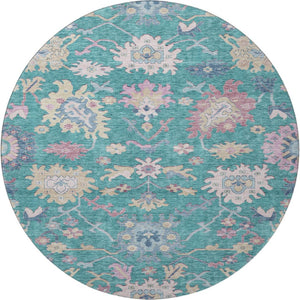 HomeRoots 8' Teal Beige Pink Floral Washable Round Rug - Durable, UV-Protected, Ideal for Families & Pets 686984