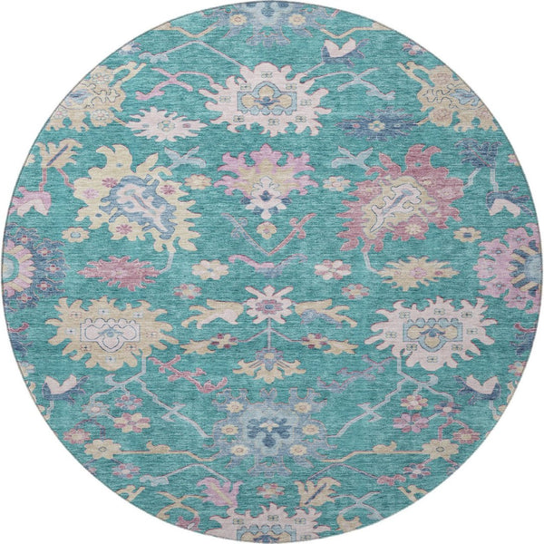 HomeRoots 8' Teal Beige Pink Floral Washable Round Rug - Durable, UV-Protected, Ideal for Families & Pets 686984