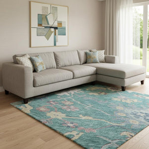 HomeRoots 8' X 10' Floral Area Rug in Teal, Beige & Pink - Washable, UV Protected, Durable for Busy Homes 686985