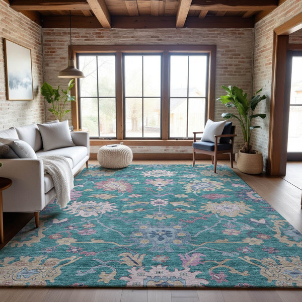 HomeRoots 9' X 12' Washable Floral Area Rug in Teal, Beige & Pink - UV Protected, Durable & Stylish Decor! 686986