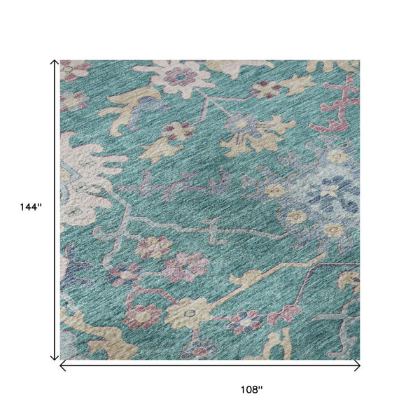 HomeRoots 9' X 12' Washable Floral Area Rug in Teal, Beige & Pink - UV Protected, Durable & Stylish Decor! 686986