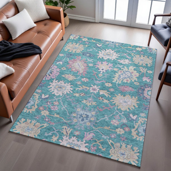 HomeRoots 10' X 14' Floral Washable Area Rug in Teal, Beige & Pink – Durable, UV-Protected & Stylish for Any Room 686987