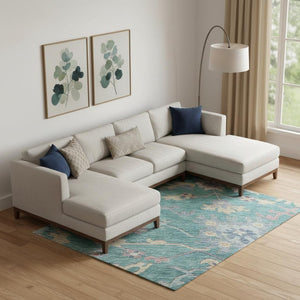 HomeRoots 10' X 14' Floral Washable Area Rug in Teal, Beige & Pink – Durable, UV-Protected & Stylish for Any Room 686987