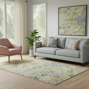 HomeRoots 5' Vibrant Floral Washable Area Rug in Yellow, Blue & Blush - Stain Resistant & UV Protected! 686989