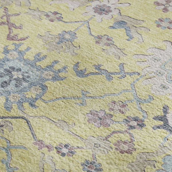 HomeRoots 5' Vibrant Floral Washable Area Rug in Yellow, Blue & Blush - Stain Resistant & UV Protected! 686989