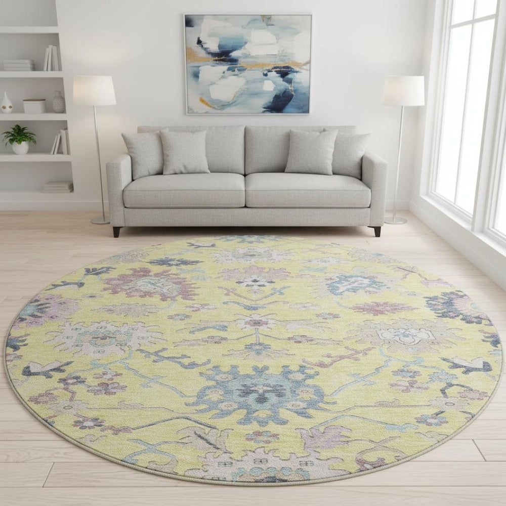 HomeRoots 8' Washable Floral Round Rug in Yellow, Blue & Blush – UV Protected, Durable & Stylish for Any Home 686990