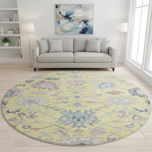 HomeRoots 8' Washable Floral Round Rug in Yellow, Blue & Blush – UV Protected, Durable & Stylish for Any Home 686990