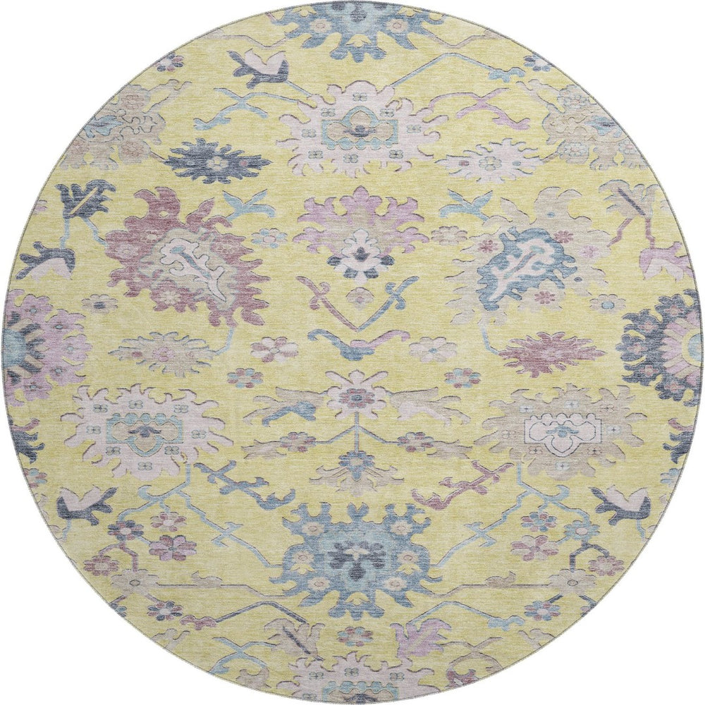 HomeRoots 8' Washable Floral Round Rug in Yellow, Blue & Blush – UV Protected, Durable & Stylish for Any Home 686990