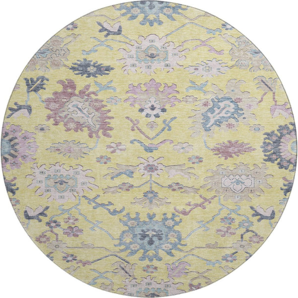 HomeRoots 8' Washable Floral Round Rug in Yellow, Blue & Blush – UV Protected, Durable & Stylish for Any Home 686990