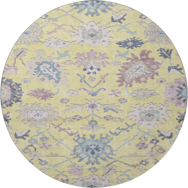 HomeRoots 8' Washable Floral Round Rug in Yellow, Blue & Blush – UV Protected, Durable & Stylish for Any Home 686990