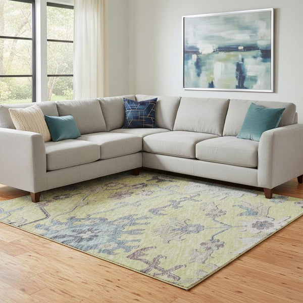HomeRoots 8' X 10' Floral Area Rug in Bright Yellow, Blue & Blush - Washable, UV Protected, Durable Design 686991