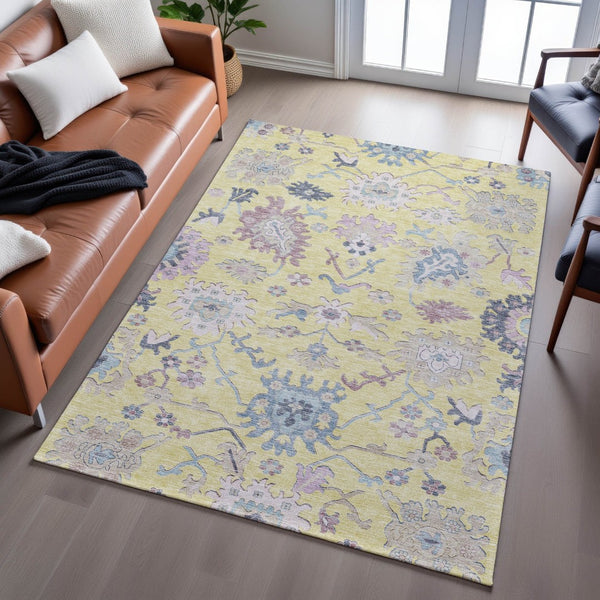 HomeRoots 10' X 14' Floral Washable Area Rug - Yellow, Blue & Blush with UV Protection for Stylish Spaces 686993