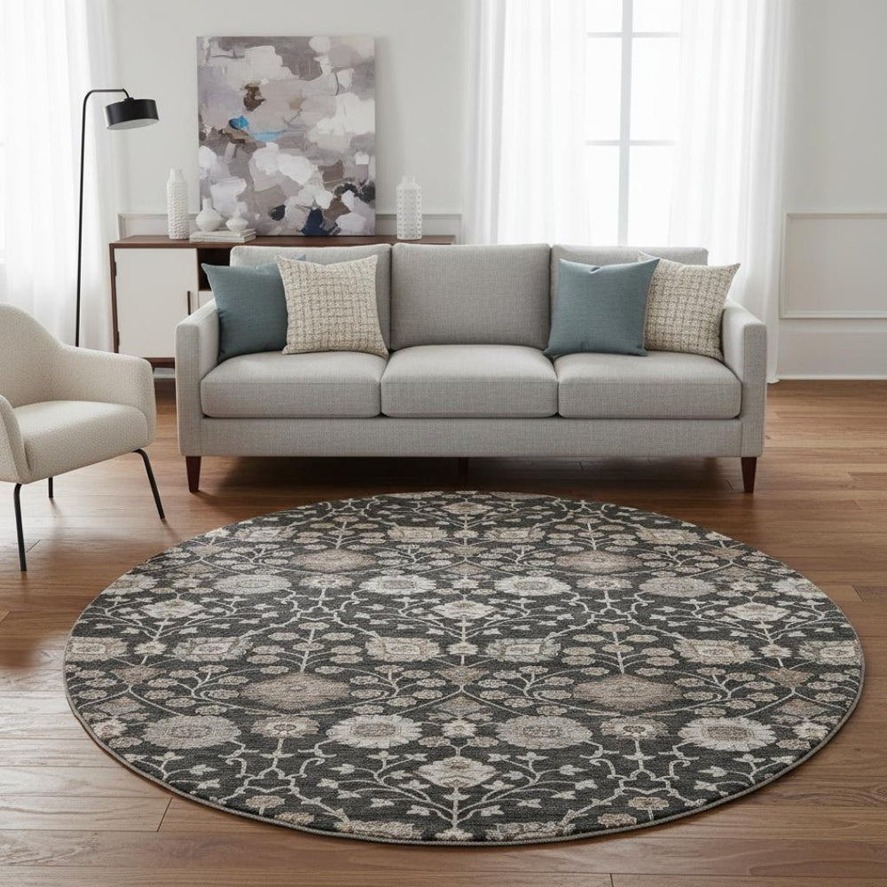 HomeRoots 8' Washable Round Area Rug with Elegant Black, Beige & Brown Floral Design - UV Protection & Durable 686996