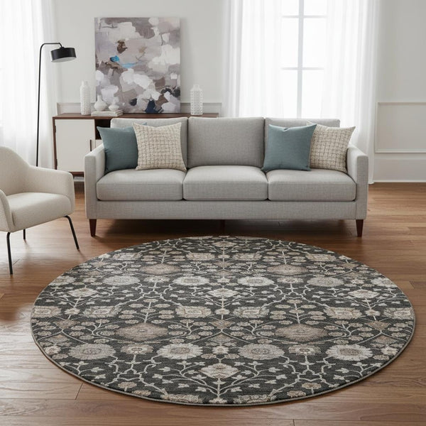 HomeRoots 8' Washable Round Area Rug with Elegant Black, Beige & Brown Floral Design - UV Protection & Durable 686996