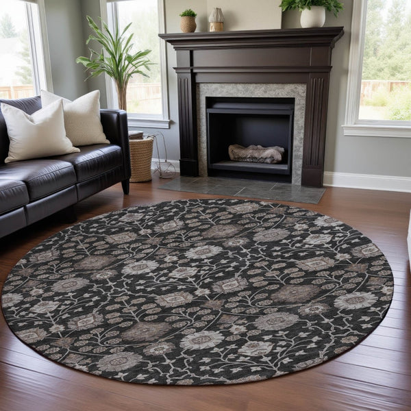 HomeRoots 8' Washable Round Area Rug with Elegant Black, Beige & Brown Floral Design - UV Protection & Durable 686996