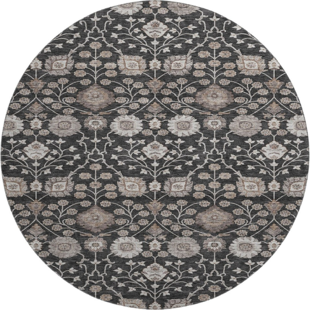 HomeRoots 8' Washable Round Area Rug with Elegant Black, Beige & Brown Floral Design - UV Protection & Durable 686996