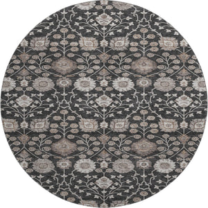 HomeRoots 8' Washable Round Area Rug with Elegant Black, Beige & Brown Floral Design - UV Protection & Durable 686996