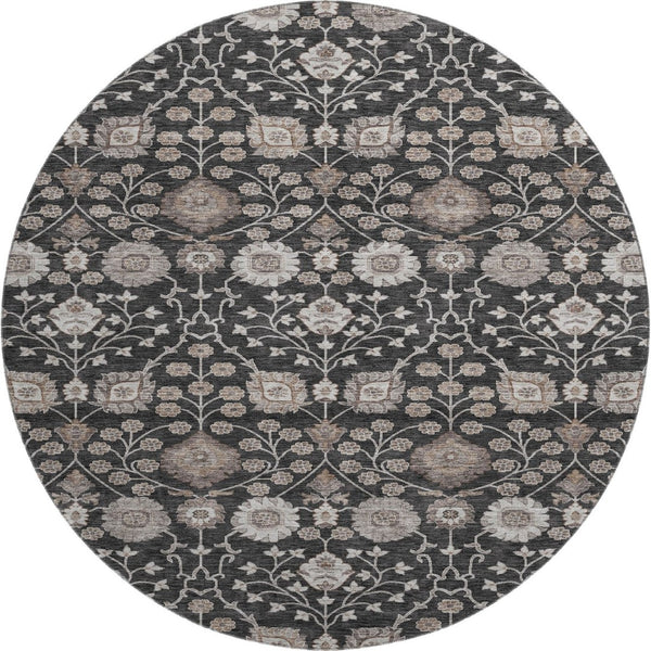 HomeRoots 8' Washable Round Area Rug with Elegant Black, Beige & Brown Floral Design - UV Protection & Durable 686996