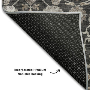 HomeRoots 8' Washable Round Area Rug with Elegant Black, Beige & Brown Floral Design - UV Protection & Durable 686996