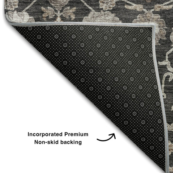 HomeRoots 8' Washable Round Area Rug with Elegant Black, Beige & Brown Floral Design - UV Protection & Durable 686996