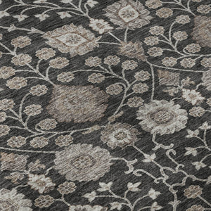 HomeRoots 8' Washable Round Area Rug with Elegant Black, Beige & Brown Floral Design - UV Protection & Durable 686996