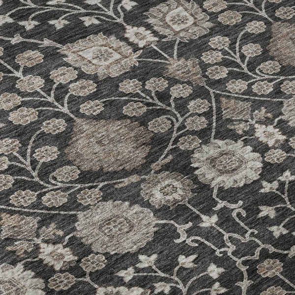 HomeRoots 8' Washable Round Area Rug with Elegant Black, Beige & Brown Floral Design - UV Protection & Durable 686996