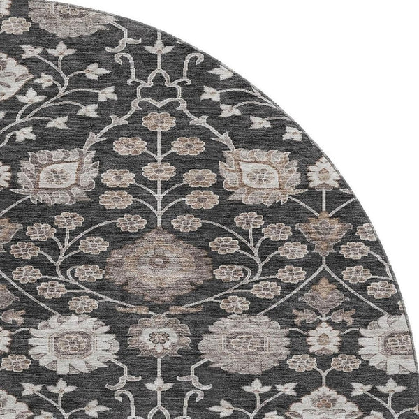 HomeRoots 8' Washable Round Area Rug with Elegant Black, Beige & Brown Floral Design - UV Protection & Durable 686996