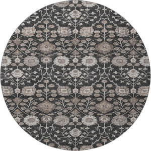 HomeRoots 8' Washable Round Area Rug with Elegant Black, Beige & Brown Floral Design - UV Protection & Durable 686996
