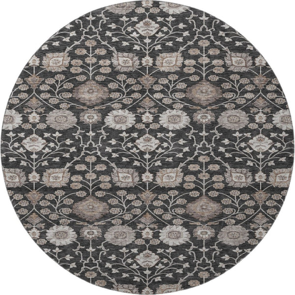 HomeRoots 8' Washable Round Area Rug with Elegant Black, Beige & Brown Floral Design - UV Protection & Durable 686996