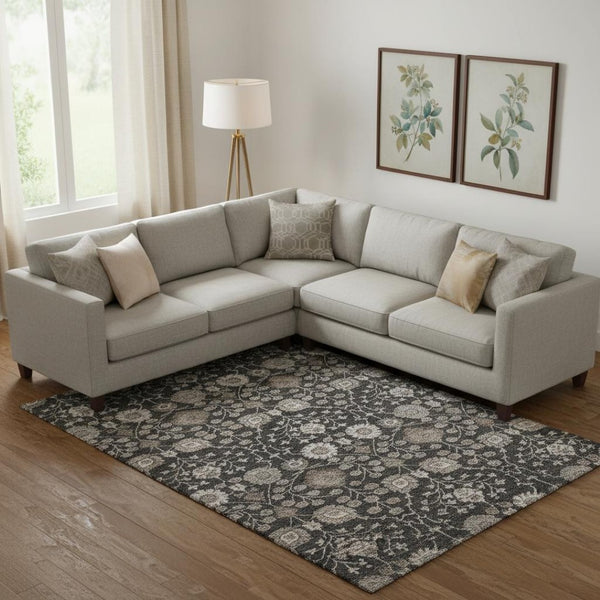 HomeRoots 9' X 12' Floral Area Rug – Elegant Black, Beige & Brown Design with Stain Resistance & UV Protection 686998
