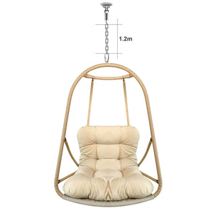 English Elm without Swing Egg Chair Rattan Hanging Patio Basket with C-Bracket, Foldable, Cup Holder, Cushions, Durable Metal Frame Beige+yellow W2707P388602