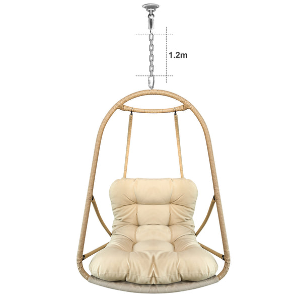 English Elm without Swing Egg Chair Rattan Hanging Patio Basket with C-Bracket, Foldable, Cup Holder, Cushions, Durable Metal Frame Beige+yellow W2707P388602