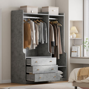 English Elm Open Open Wooden Wardrobe with 2 Rods, 5 Shelves & 3 Drawers — Modern Gray White Storage Solution N820S00021E
