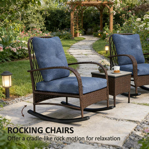 English Elm Balcony Wicker Rocking Chair Set Pe Rattan Bistro Seating with Tufted Cushions T3971P446005