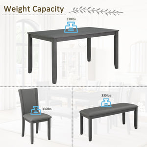 English Elm 6-Piece Modern Dining Table Set For 6 - Stylish Grey Wooden Table, Bench & Upholstered Chairs W1998S00066