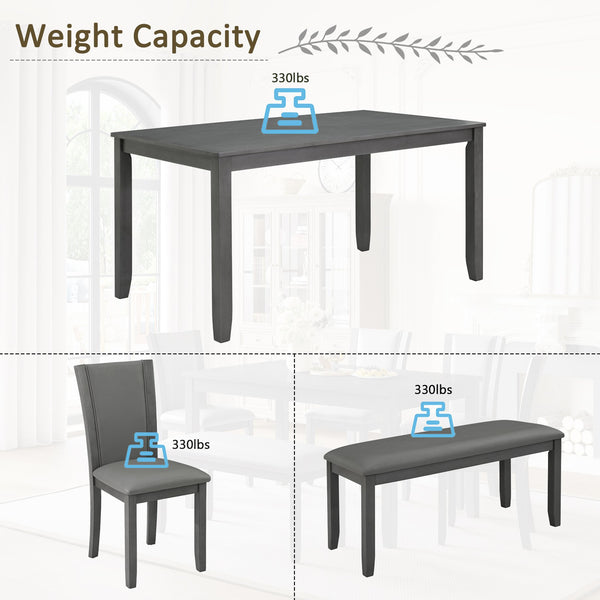 English Elm 6-Piece Modern Dining Table Set For 6 - Stylish Grey Wooden Table, Bench & Upholstered Chairs W1998S00066