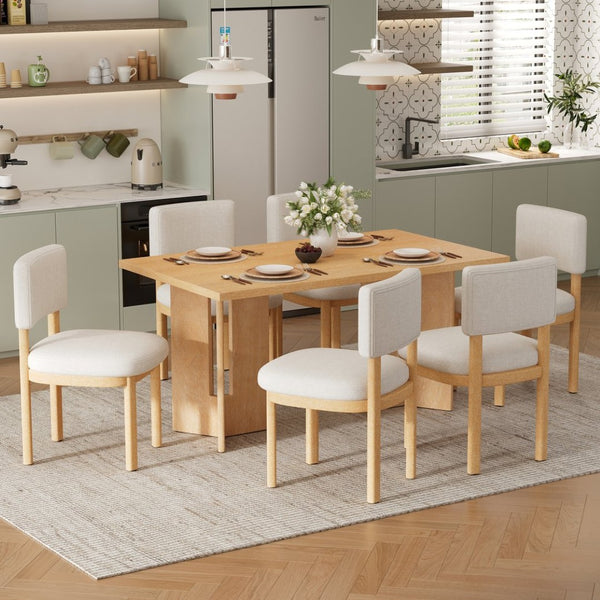 English Elm Trexm Farmhouse Six Seat Dining Set Oak Veneer Distressed Table Upholstered Chairs Natural Wood Wash ST000153AAD