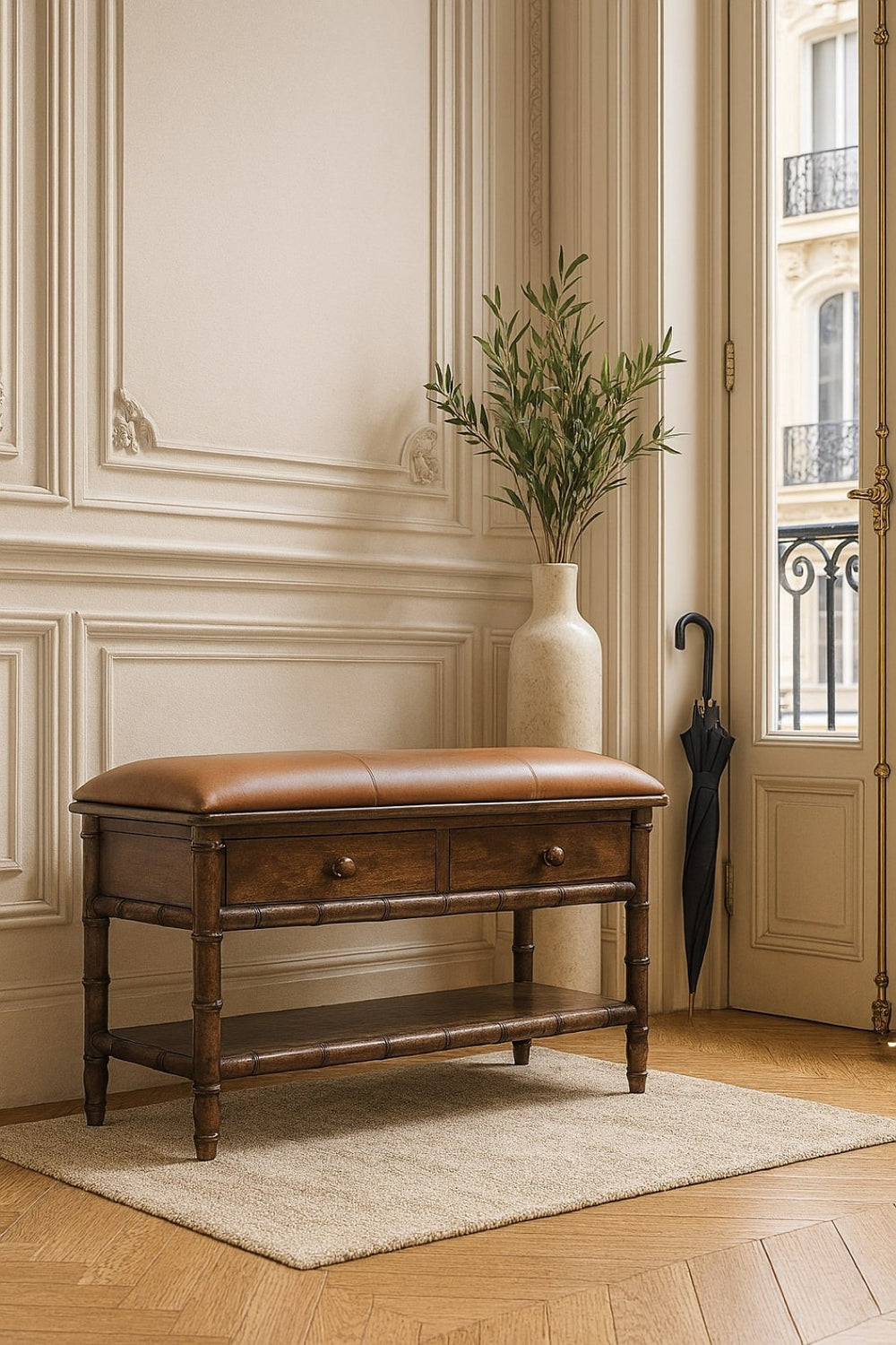 English Elm Solid Bamboo-Carved Storage Bench With Leather Upholstery - 2 Drawers & Open Shelf For Versatile Style B182P372191-GIGA