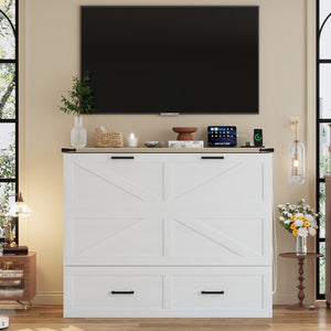 English Elm Full Farmhouse Murphy Cabinet Bed with Charging Station and Large Drawers, Space-Saving Guest Solution White 52.25 L x 26.25 W x 5.25 H N733S237853W
