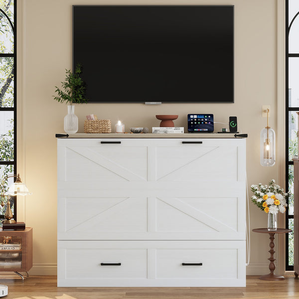English Elm Full Farmhouse Murphy Cabinet Bed with Charging Station and Large Drawers, Space-Saving Guest Solution White 52.25 L x 26.25 W x 5.25 H N733S237853W