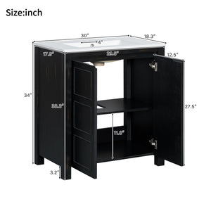 English Elm 30" Rustic Bathroom Vanity Espresso with Ceramic Sink, Soft-Close Doors, Adjustable Shelves, Open-Back Plumbing-Friendly Storage N729P290712P