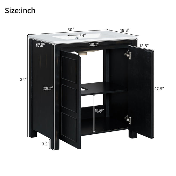 English Elm 30" Rustic Bathroom Vanity Espresso with Ceramic Sink, Soft-Close Doors, Adjustable Shelves, Open-Back Plumbing-Friendly Storage N729P290712P
