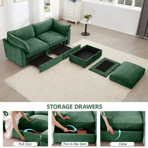 English Elm 2 Seater Sofa With Movable Ottoman & Hidden Storage Drawers – Modern Chenille Green Design For Small Spaces W3041S00183