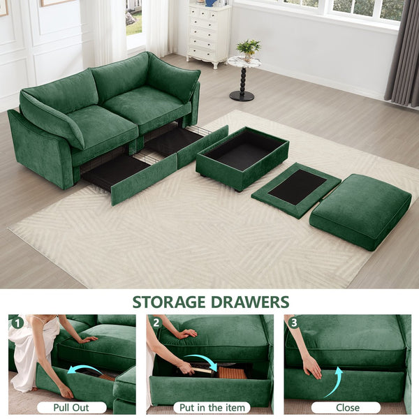 English Elm 2 Seater Sofa With Movable Ottoman & Hidden Storage Drawers – Modern Chenille Green Design For Small Spaces W3041S00183